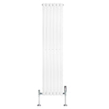 Sleek white oval single column radiator with chrome valves, measuring 1600mm x 360mm, featuring a modern, minimalist design