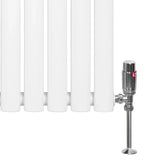 Oval single column radiator in white, 1600mm x 360mm, featuring sleek lines and a shiny chrome valve for modern heating solutions