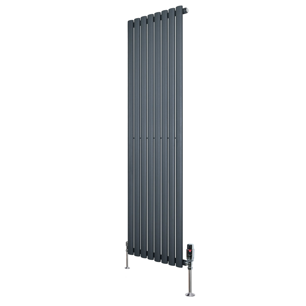Oval single column radiator in anthracite grey, 1600mm x 480mm, featuring sleek vertical lines and modern valve design