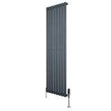 Oval single column radiator in anthracite grey, 1600mm x 480mm, featuring sleek vertical lines and modern valve design