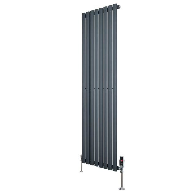 Oval single column radiator in anthracite grey, 1600mm x 480mm, featuring sleek vertical lines and modern valve design