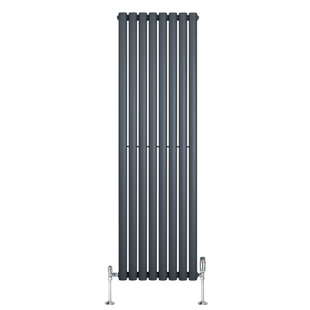 Oval single column radiator in anthracite grey, 1600mm x 480mm, featuring sleek vertical bars and polished valves for modern decor