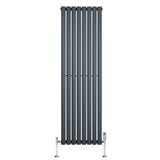 Oval single column radiator in anthracite grey, 1600mm x 480mm, featuring sleek vertical bars and polished valves for modern decor