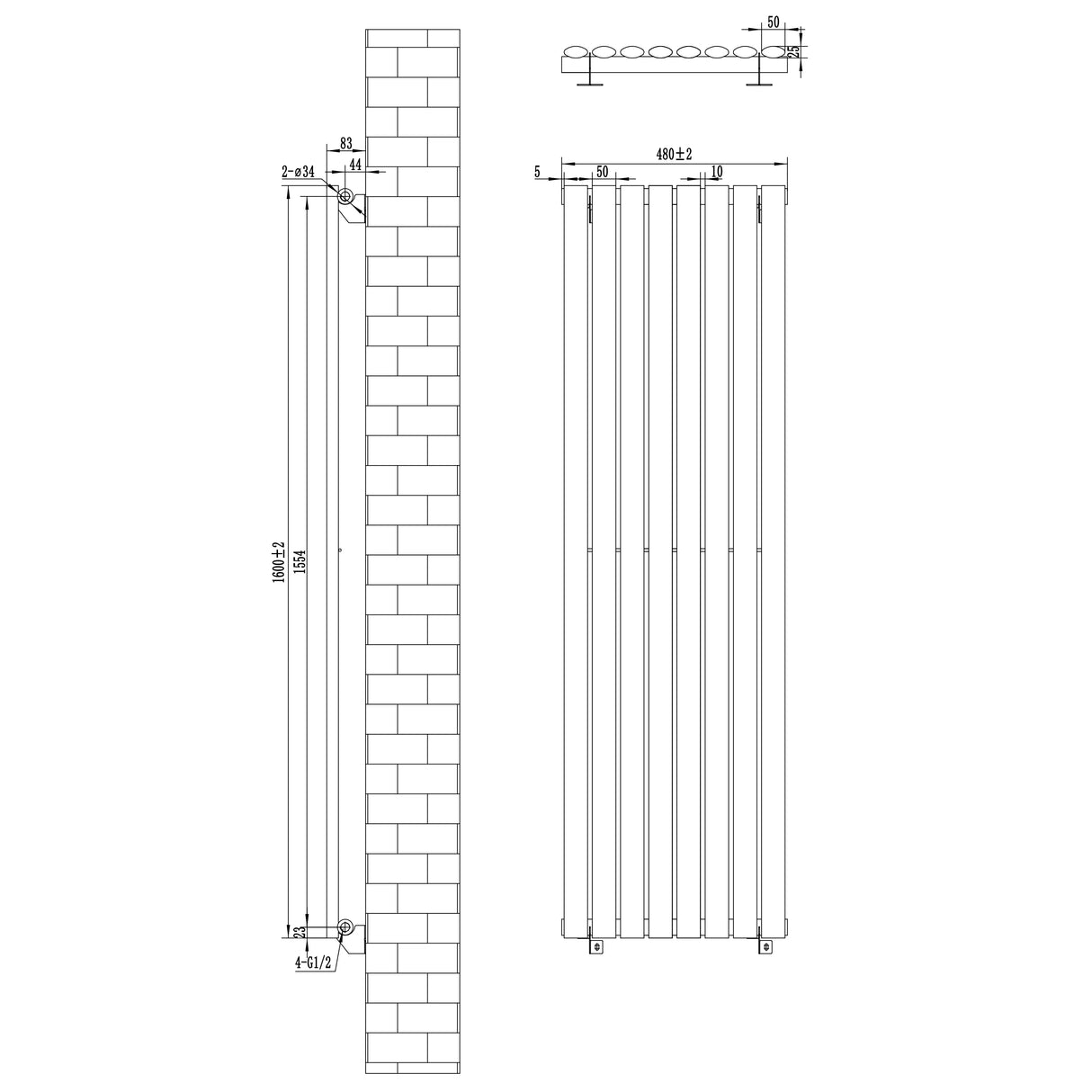 Oval single column radiator in anthracite grey, measuring 1600mm x 480mm, featuring sleek vertical lines and modern valve design