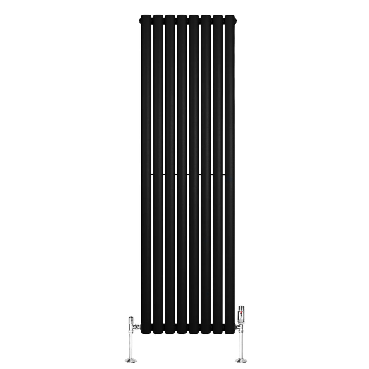 Sleek black oval single column radiator with vertical bars and chrome valves, measuring 1600mm x 480mm, ideal for modern spaces