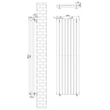 Sleek black oval single column radiator with dimensions 1600mm x 480mm, featuring smooth lines and modern valve design