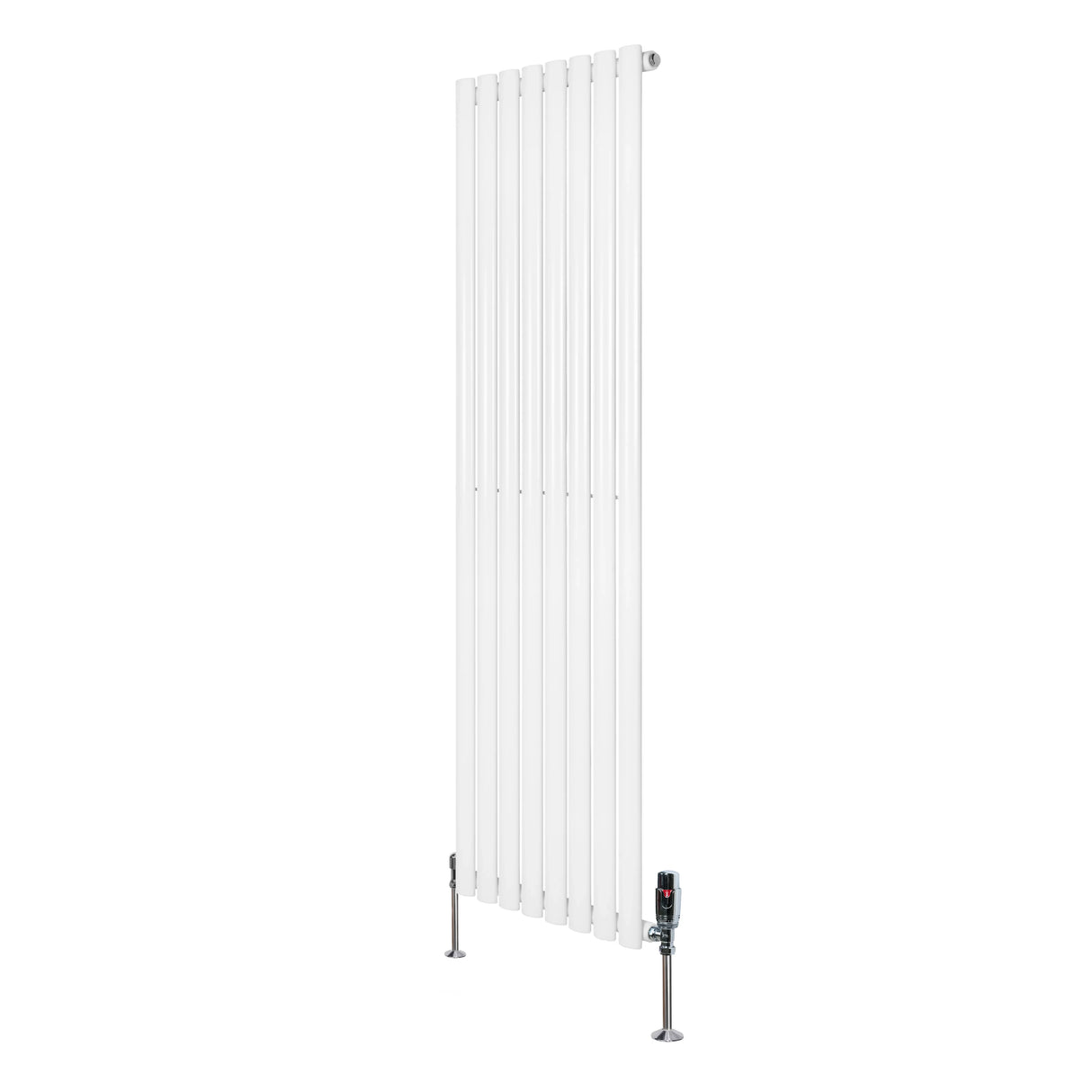 Oval single column radiator in white, measuring 1600mm x 480mm, featuring sleek vertical lines and modern valve design