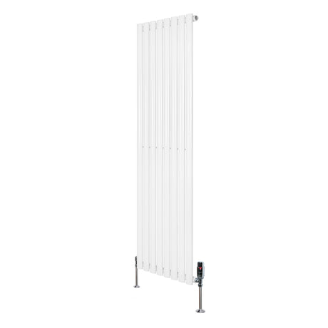 Oval single column radiator in white, measuring 1600mm x 480mm, featuring sleek vertical lines and modern valve design