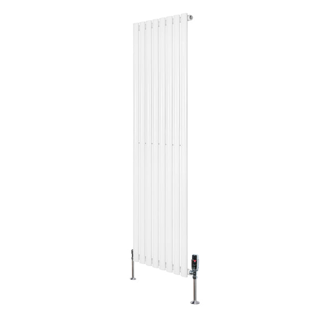 Oval single column radiator in white, measuring 1600mm x 480mm, featuring sleek vertical lines and modern valve design