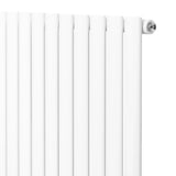 Sleek white oval single column radiator with smooth vertical bars, measuring 1600mm x 480mm, includes valves for easy installation