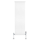 Sleek white oval single column radiator with chrome valves, measuring 1600mm x 480mm, featuring a modern vertical design