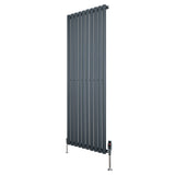 Oval single column radiator in anthracite grey, 1600mm x 600mm, featuring sleek vertical lines and modern valve design