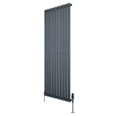 Oval single column radiator in anthracite grey, 1600mm x 600mm, featuring sleek vertical lines and modern valve design