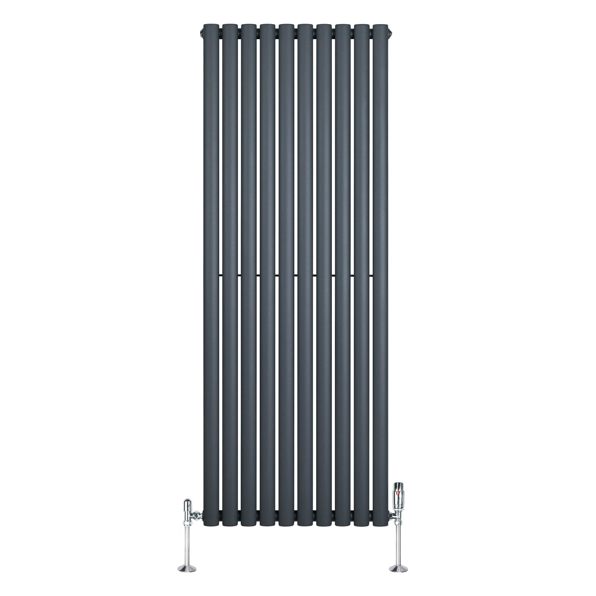 Oval single column radiator in anthracite grey, 1600mm x 600mm, featuring sleek vertical lines and chrome valves for modern decor