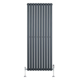 Oval single column radiator in anthracite grey, 1600mm x 600mm, featuring sleek vertical lines and chrome valves for modern decor