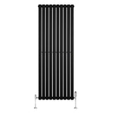 Sleek black oval single column radiator with vertical bars and chrome valves, measuring 1600mm x 600mm, ideal for modern interiors