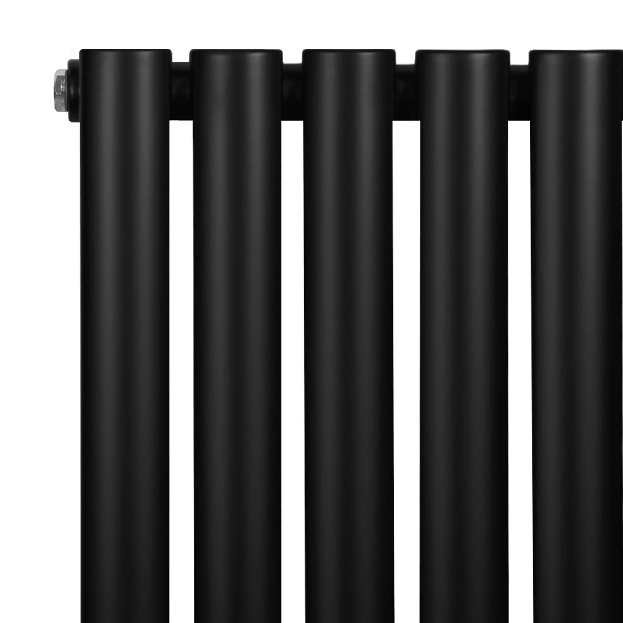 Sleek black oval single column radiator with smooth matte finish, featuring five vertical tubes and integrated valves for efficient heating