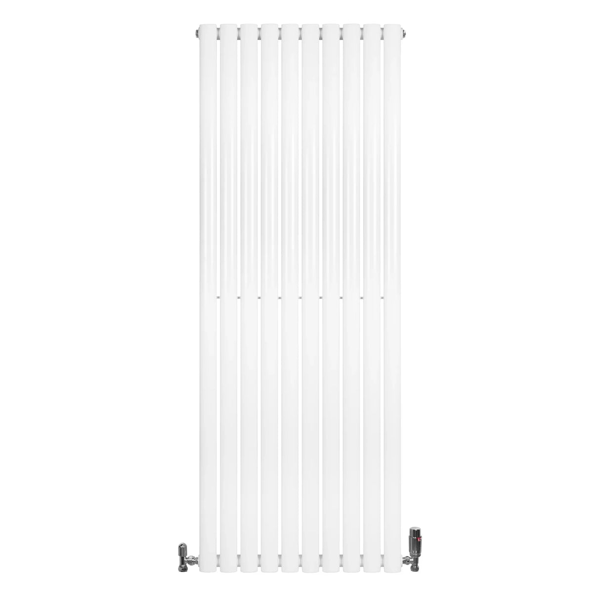 Sleek white oval single column radiator with valves, measuring 1600mm x 600mm, featuring a smooth, modern design and vertical orientation