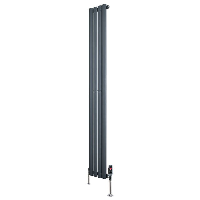 Sleek anthracite grey oval single column radiator, 1800mm x 240mm, featuring smooth vertical panels and modern valves for efficient heating