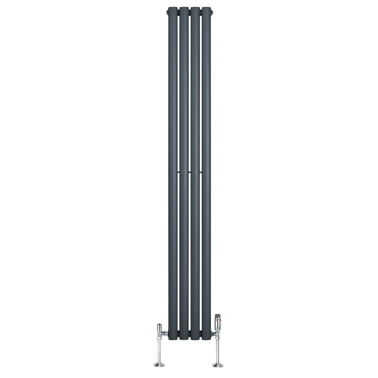 Tall anthracite grey oval single column radiator with sleek vertical design, featuring polished valves at the base for modern heating solutions