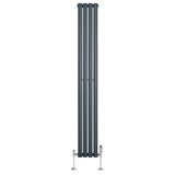 Tall anthracite grey oval single column radiator with sleek vertical design, featuring polished valves at the base for modern heating solutions