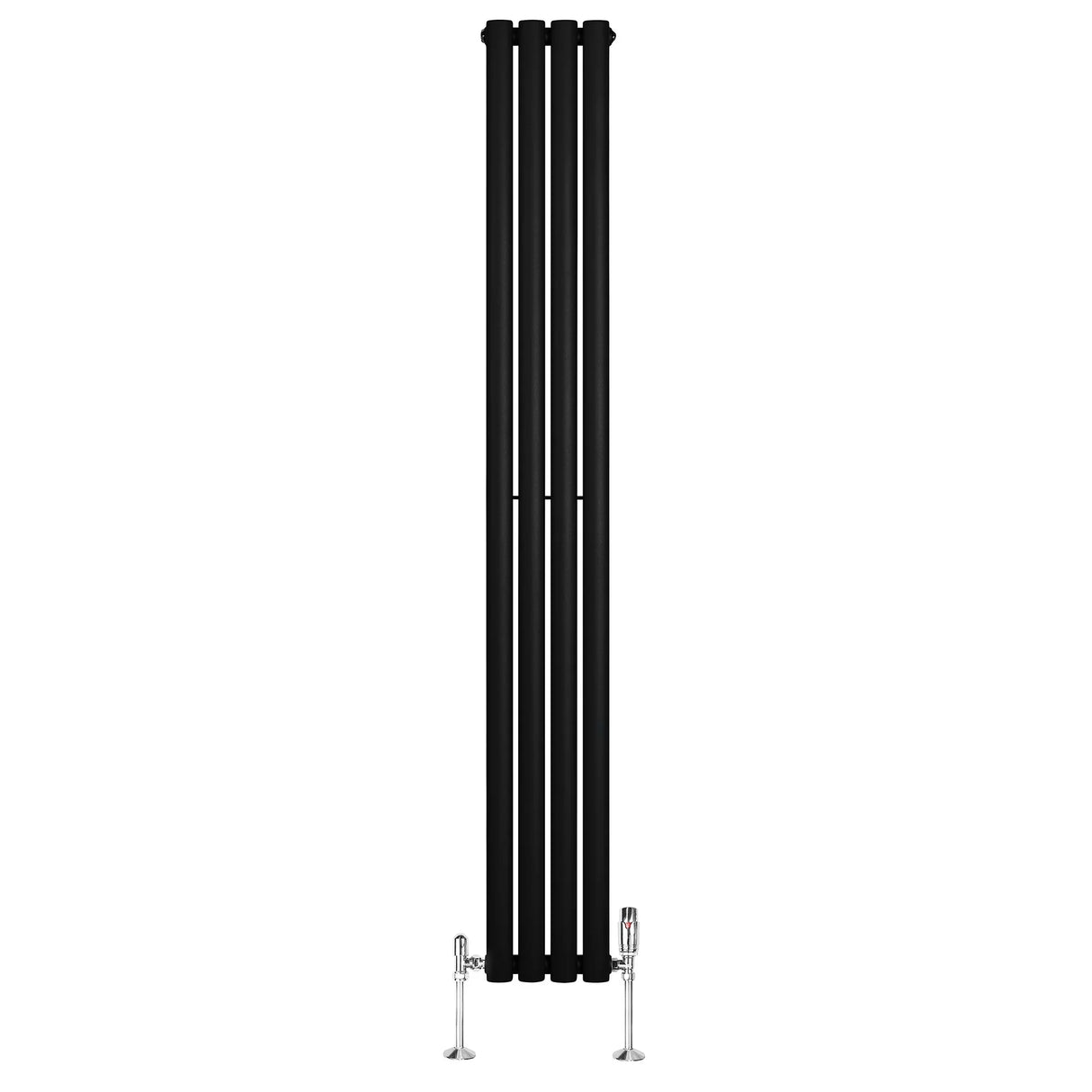 Sleek black oval single column radiator with polished valves, measuring 1800mm x 240mm, ideal for modern heating solutions
