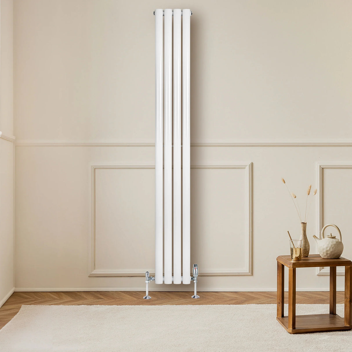 White oval single column radiator, 1800mm x 240mm, with sleek vertical design, mounted on a wall in a modern living space