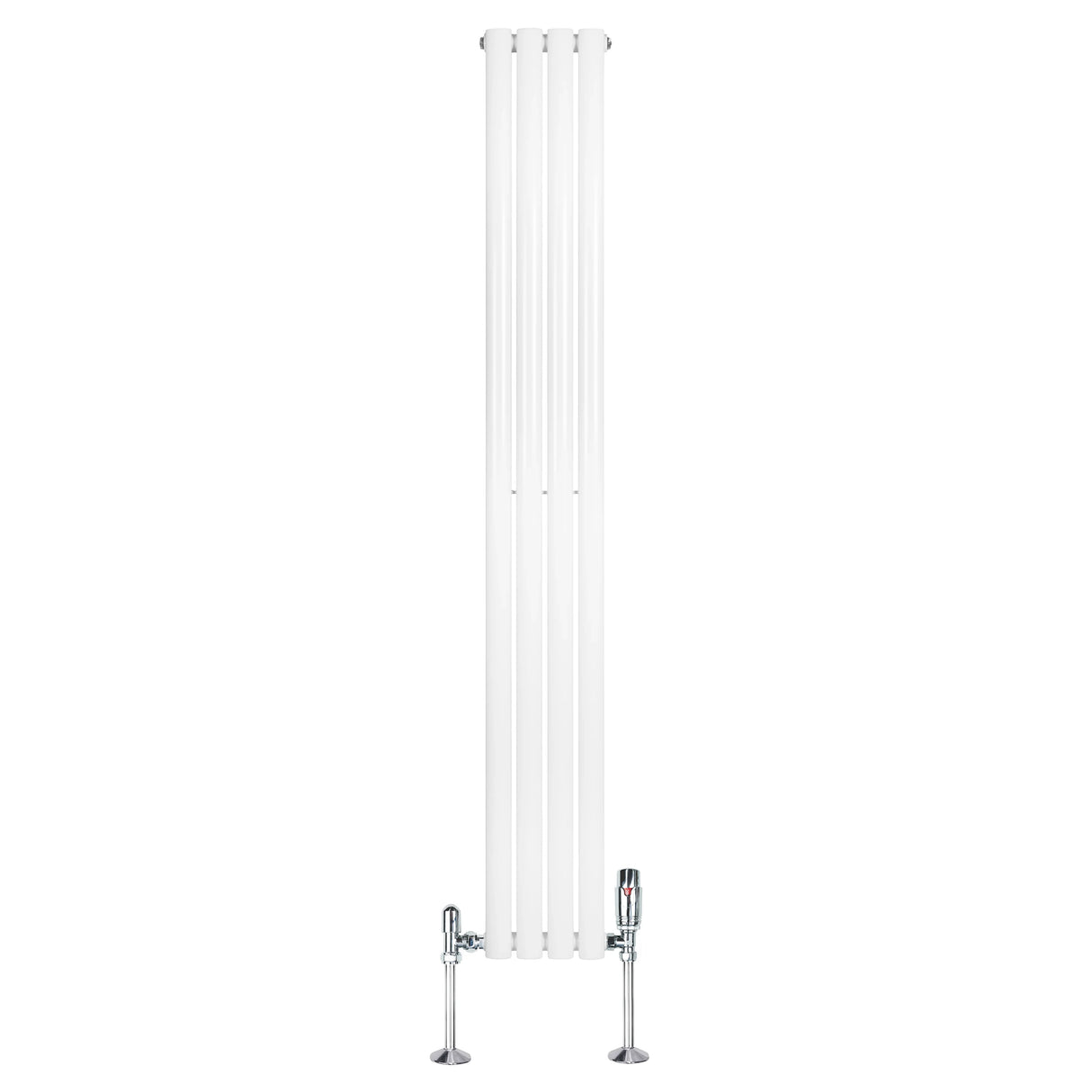 Oval single column radiator in sleek white finish, measuring 1800mm x 240mm, with chrome valves for modern heating solutions