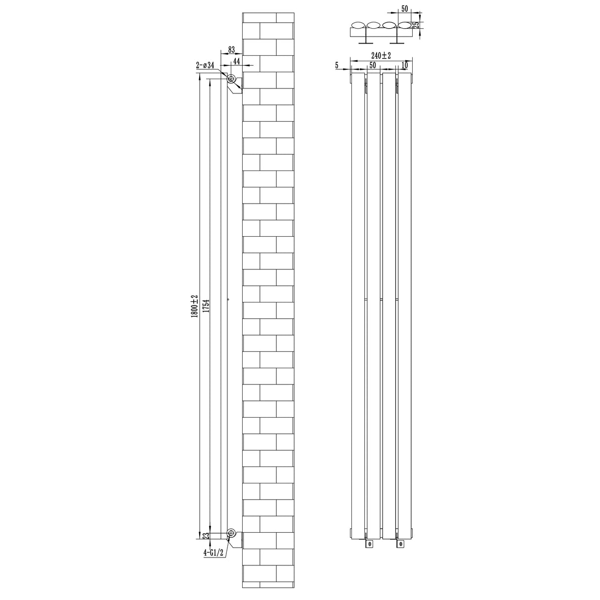 Oval single column radiator in white, dimensions 1800mm x 240mm, featuring a sleek design and detailed valve specifications