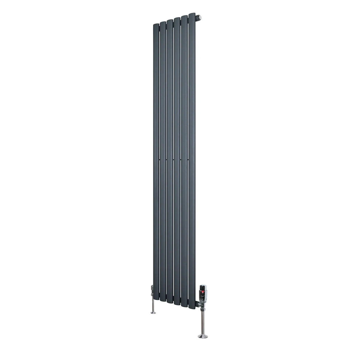 Sleek anthracite grey oval single column radiator with vertical fins and chrome valves, measuring 1800mm x 360mm, ideal for modern spaces