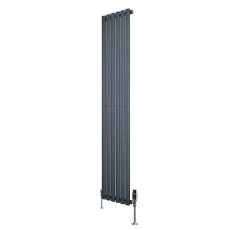 Sleek anthracite grey oval single column radiator with vertical fins and chrome valves, measuring 1800mm x 360mm, ideal for modern spaces