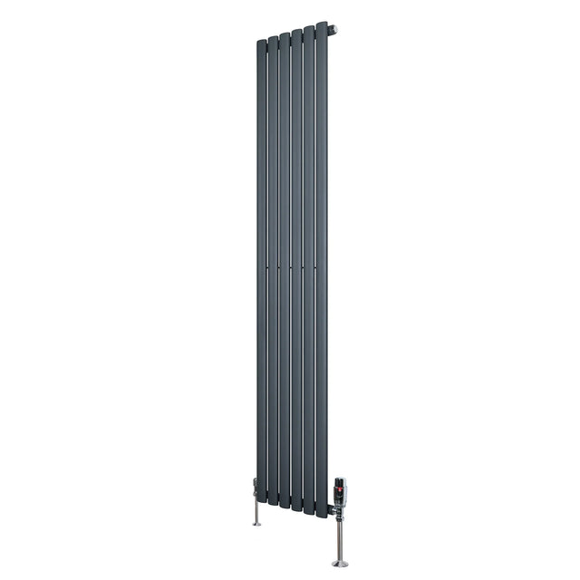 Sleek anthracite grey oval single column radiator with vertical fins and chrome valves, measuring 1800mm x 360mm, ideal for modern spaces