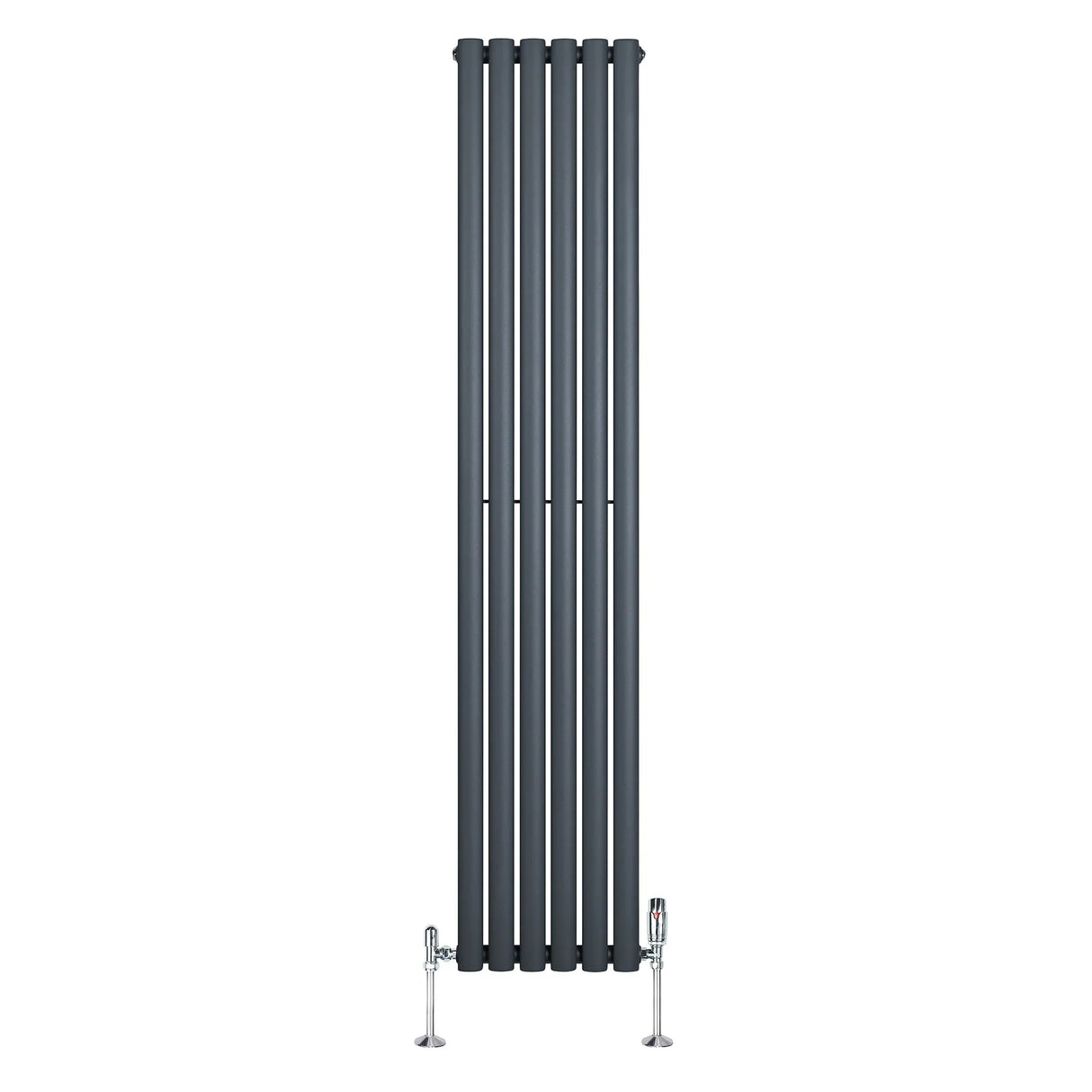 Sleek anthracite grey oval single column radiator with vertical lines, measuring 1800mm x 360mm, includes stylish valves