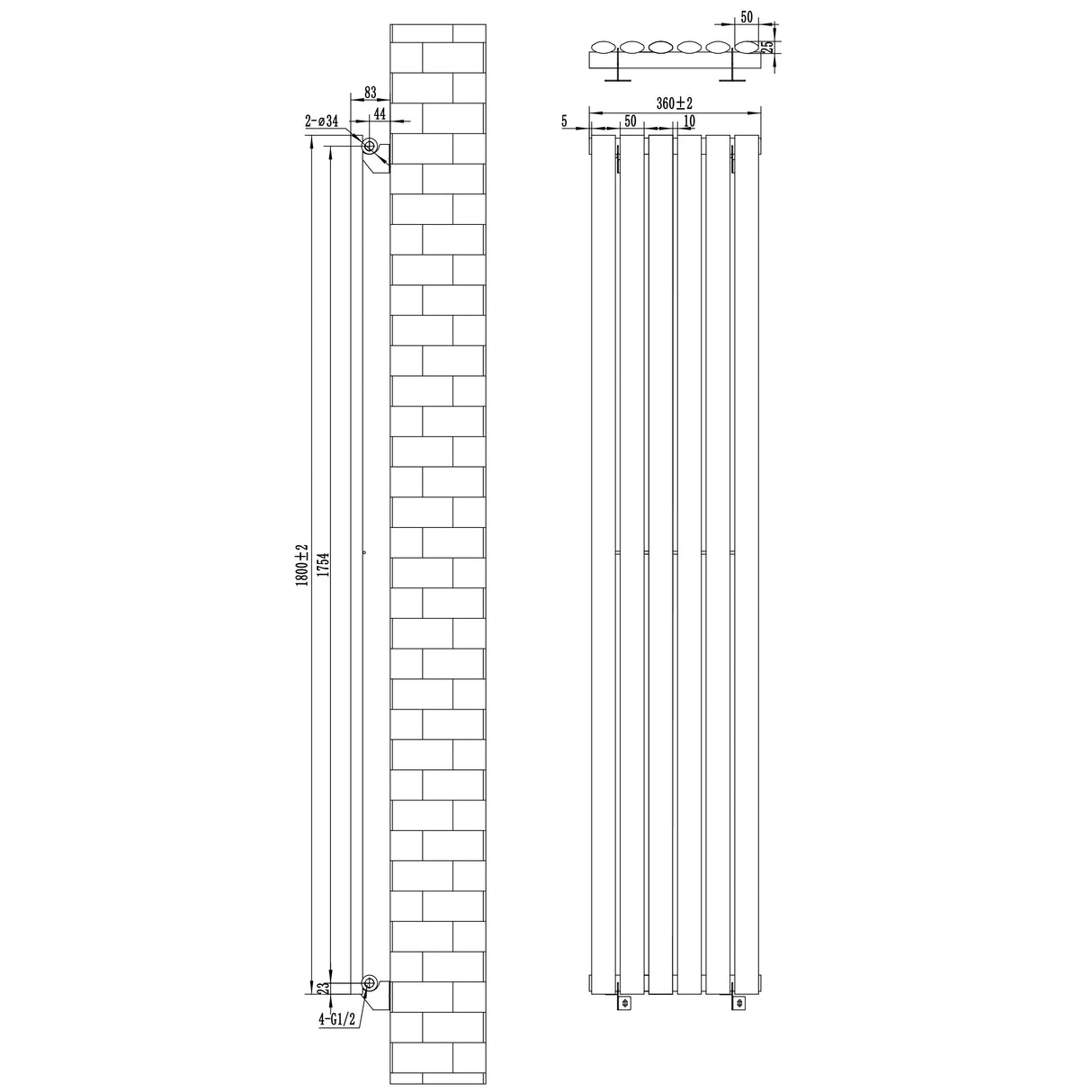 Anthracite grey oval single column radiator with dimensions 1800mm x 360mm, featuring sleek vertical lines and integrated valves