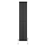 Sleek black oval single column radiator with vertical bars, measuring 1800mm x 360mm, complemented by stylish valves