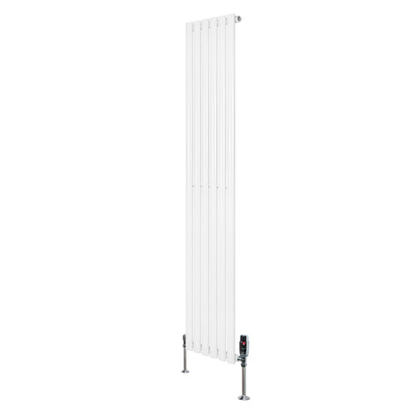 Oval single column radiator in white, measuring 1800mm x 360mm, featuring sleek vertical lines and modern valve fittings