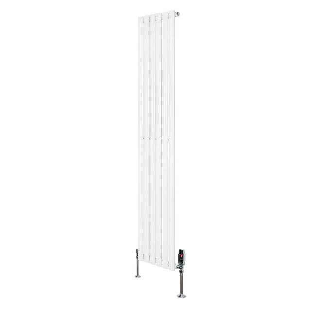 Oval single column radiator in white, measuring 1800mm x 360mm, featuring sleek vertical lines and modern valve fittings