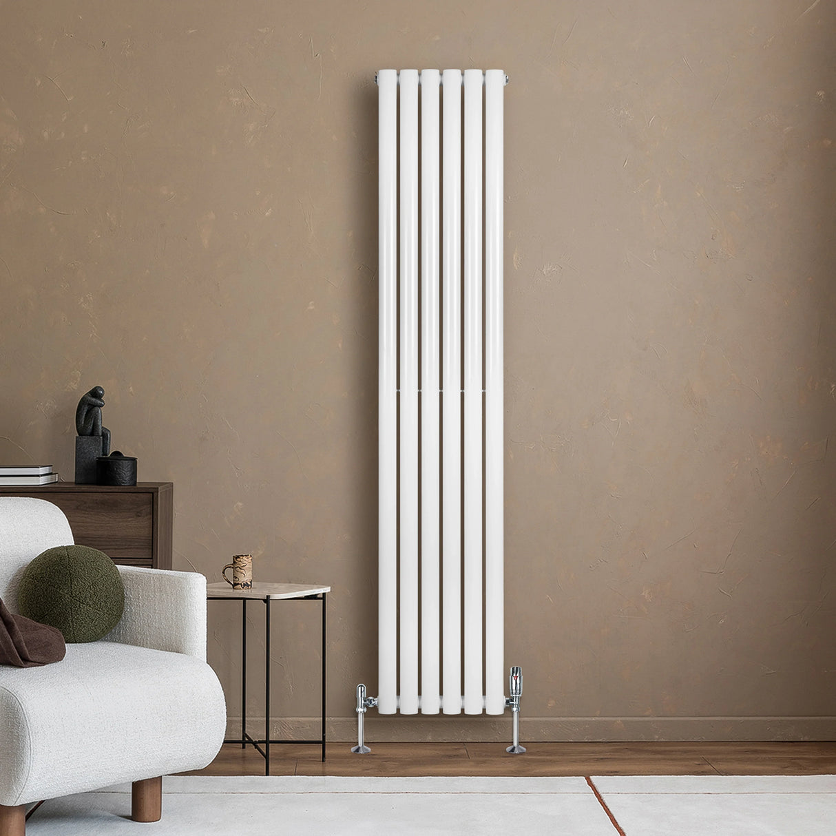 Sleek white oval single column radiator with vertical bars, mounted on a wall, complemented by modern decor and furniture