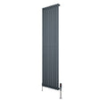 Sleek anthracite grey oval single column radiator, 1800mm x 480mm, featuring vertical slats and modern valve design for efficient heating