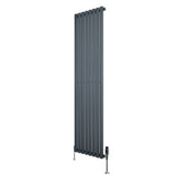 Sleek anthracite grey oval single column radiator, 1800mm x 480mm, featuring vertical slats and modern valve design for efficient heating
