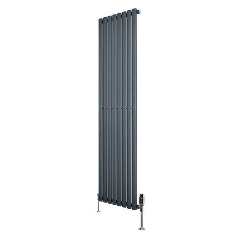 Sleek anthracite grey oval single column radiator, 1800mm x 480mm, featuring vertical slats and modern valve design for efficient heating