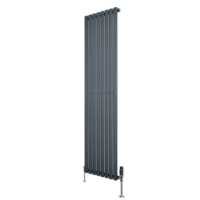 Sleek anthracite grey oval single column radiator, 1800mm x 480mm, featuring vertical slats and modern valve design for efficient heating
