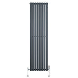 Sleek anthracite grey oval single column radiator with vertical bars, measuring 1800mm x 480mm, featuring stylish valves