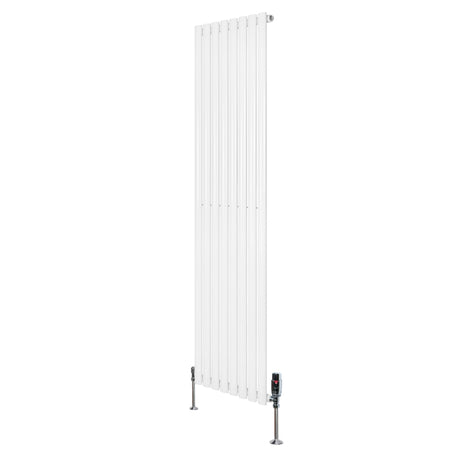 Oval single column radiator in white, 1800mm x 480mm, featuring sleek vertical lines and modern valves for efficient heating