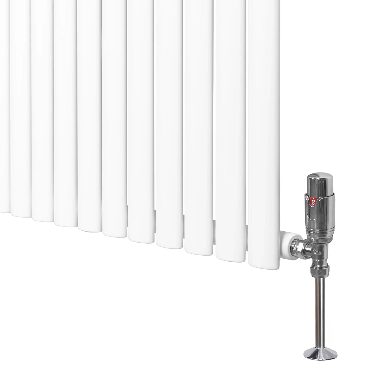 Oval single column radiator in white, 1800mm x 480mm, featuring sleek vertical bars and a polished valve for modern heating solutions