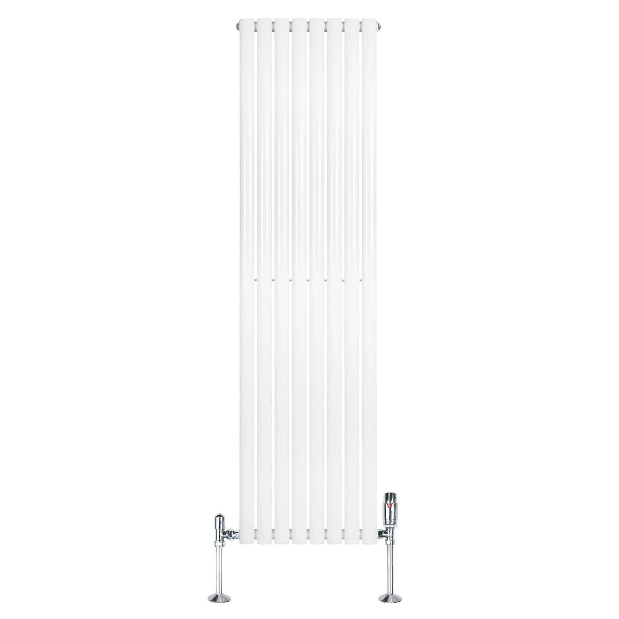 Sleek white oval single column radiator with chrome valves, measuring 1800mm x 480mm, designed for modern interiors