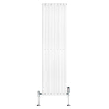Sleek white oval single column radiator with chrome valves, measuring 1800mm x 480mm, designed for modern interiors