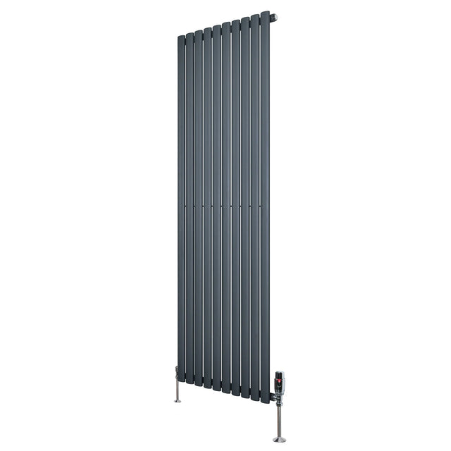 Sleek anthracite grey oval single column radiator, 1800mm x 600mm, featuring vertical slats and stylish valves for modern interiors