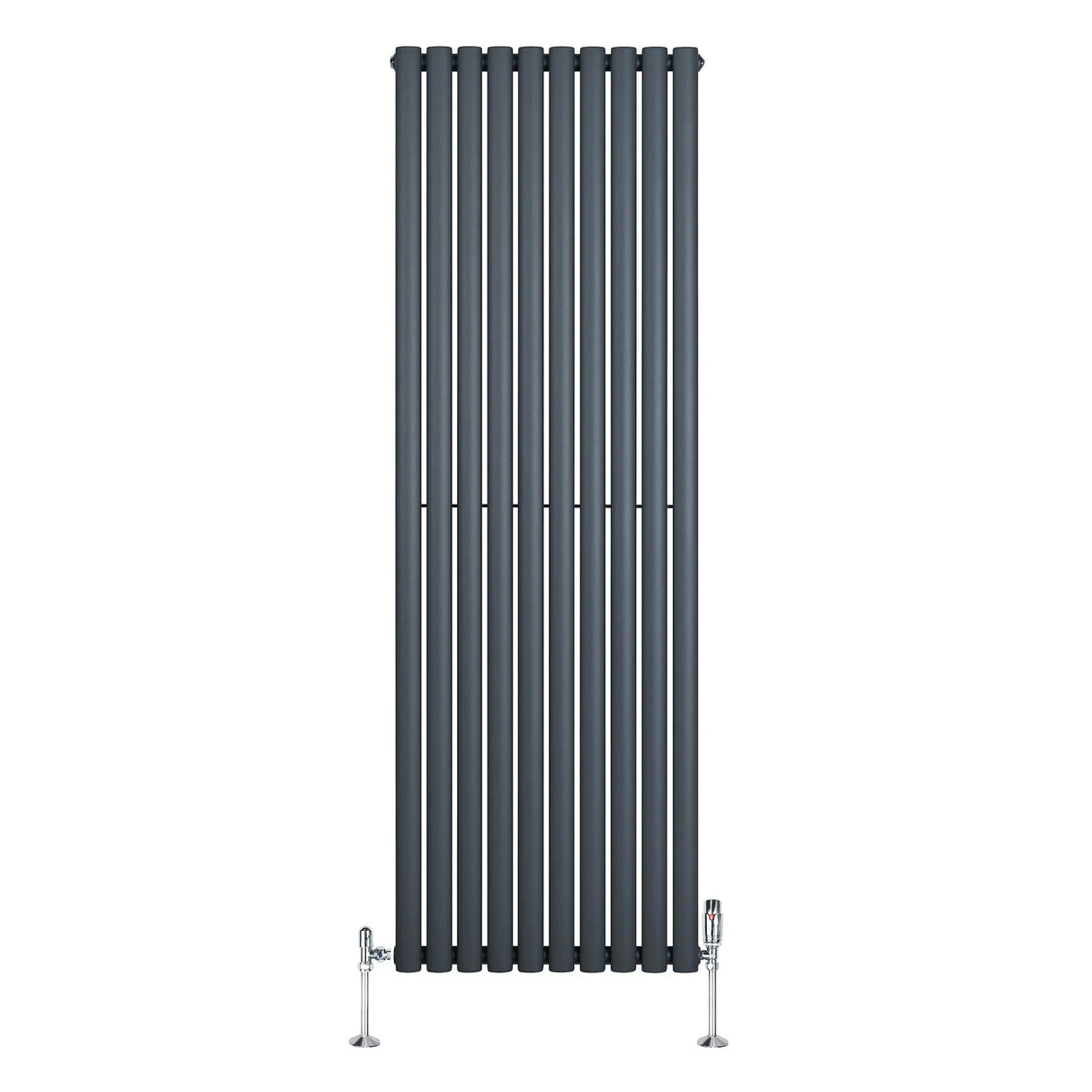 Sleek anthracite grey oval single column radiator with vertical slats, measuring 1800mm x 600mm, includes stylish valves