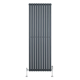 Sleek anthracite grey oval single column radiator with vertical slats, measuring 1800mm x 600mm, includes stylish valves